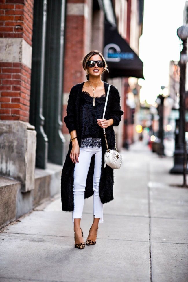 mn fashion blogger mia mia mine wearing a lace cami from H&M and a BB dakota cardigan and a gucci marmont bag