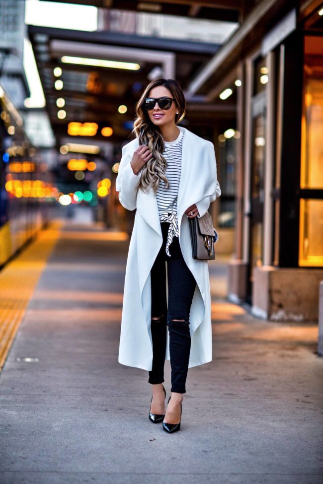 fashion blogger mia mia mine wearing a missguided white duster coat and a shopbop knotted striped tee