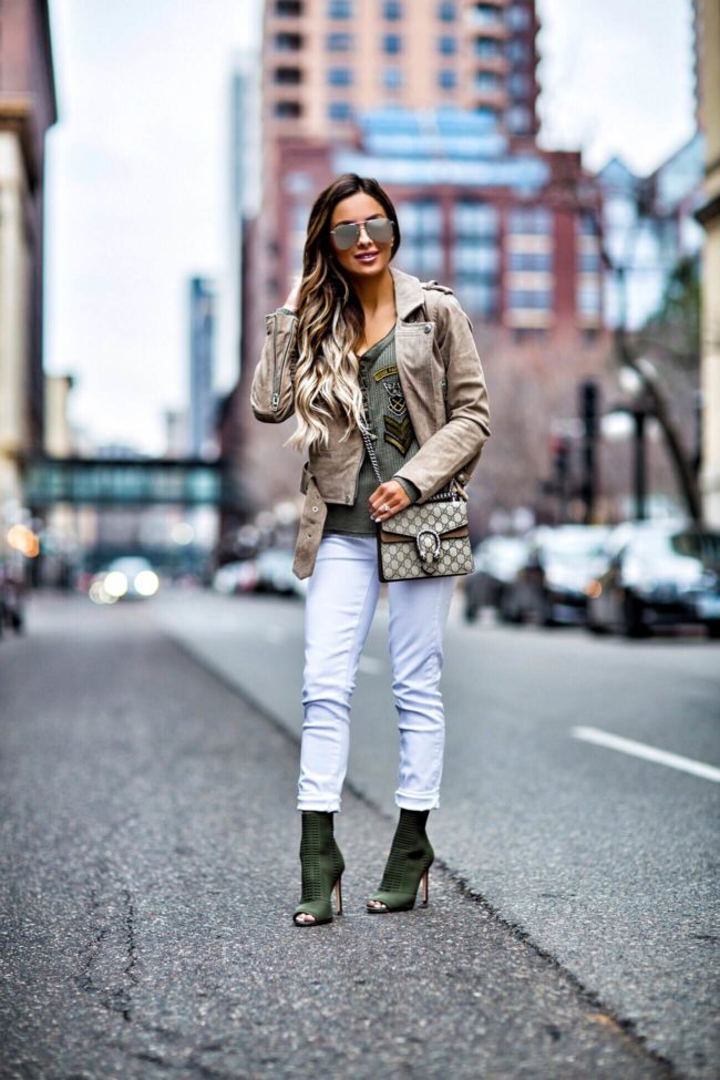 fashion blogger mia mia mine wearing a suede jacket by blanknyc from revolve and a gucci dionysus bag