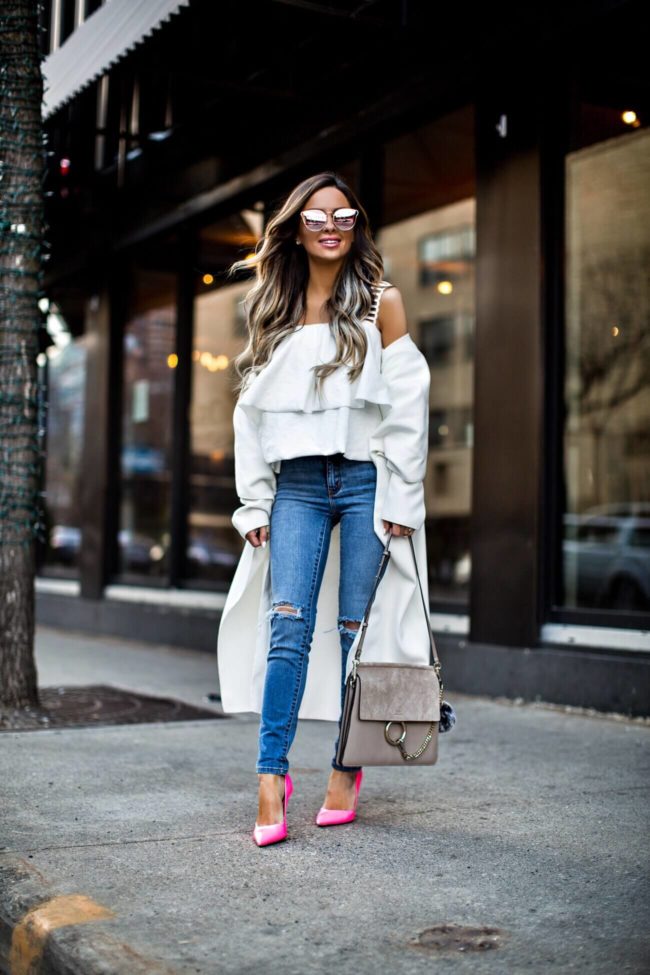 fashion blogger mia mia mine wearing a white coat from missguided and rollas jeans from revolve