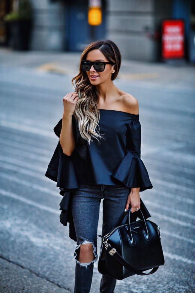 fashion blogger mia mia mine wearing saint laurent sunglasses and a few moda off-the-shoulder top