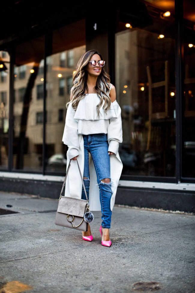 mn fashion blogger mia mia mine wearing a white and bright pink heels from nordstrom