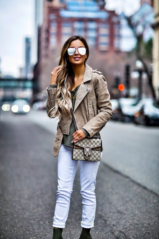 mn fashion blogger mia mia mine wearing a blanknyc suede jacket from revolve and steve madden olive booties from nordstrom