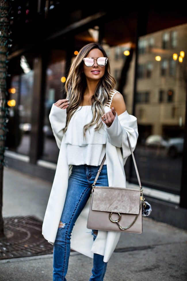 mn fashion blogger mia mia mine wearing a white coat and a chloe faye bag from nordstrom