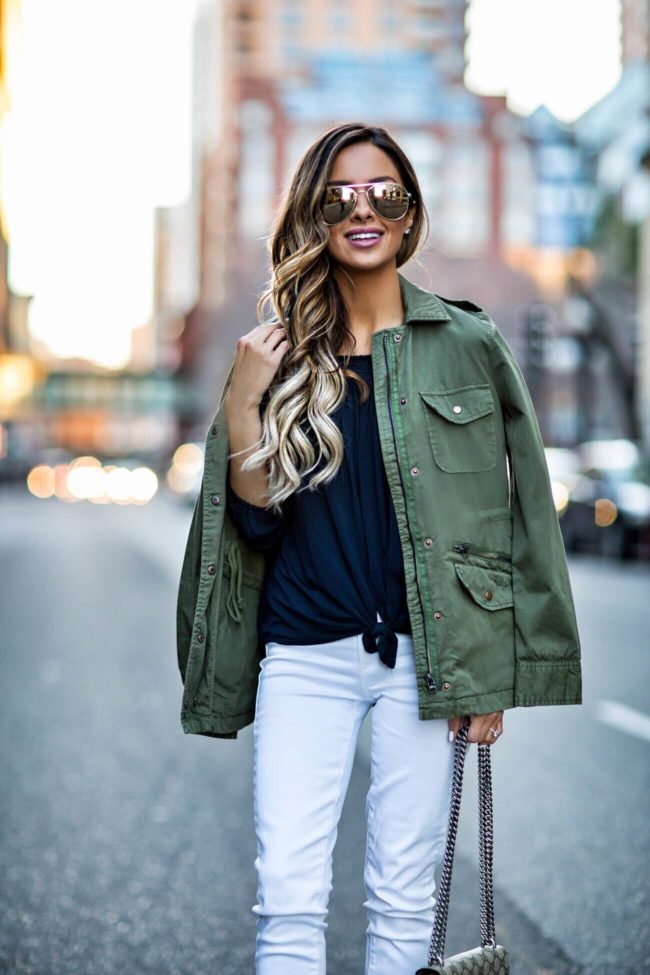 fashion blogger mia mia mine wearing a cargo jacket from stitch fix and white paige jeans