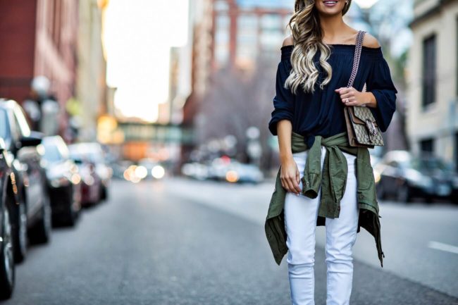 fashion blogger mia mia mne wearing a knotted blue off-the-shoulder top and cargo jacket from stitch fix