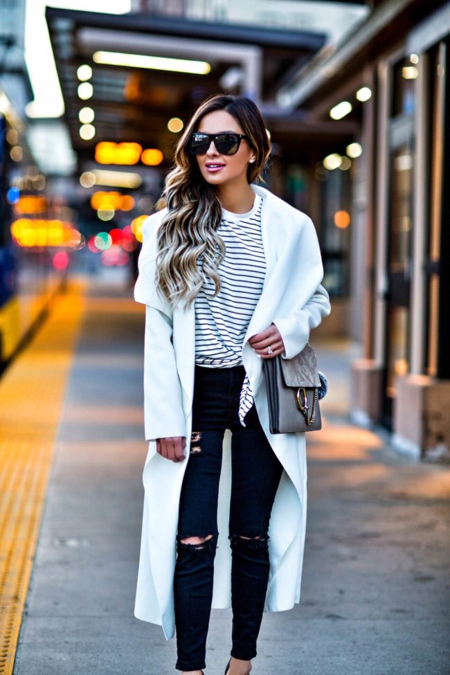 mn fashion blogger mia mia mine wearing a white duster coat and striped top from shopbop