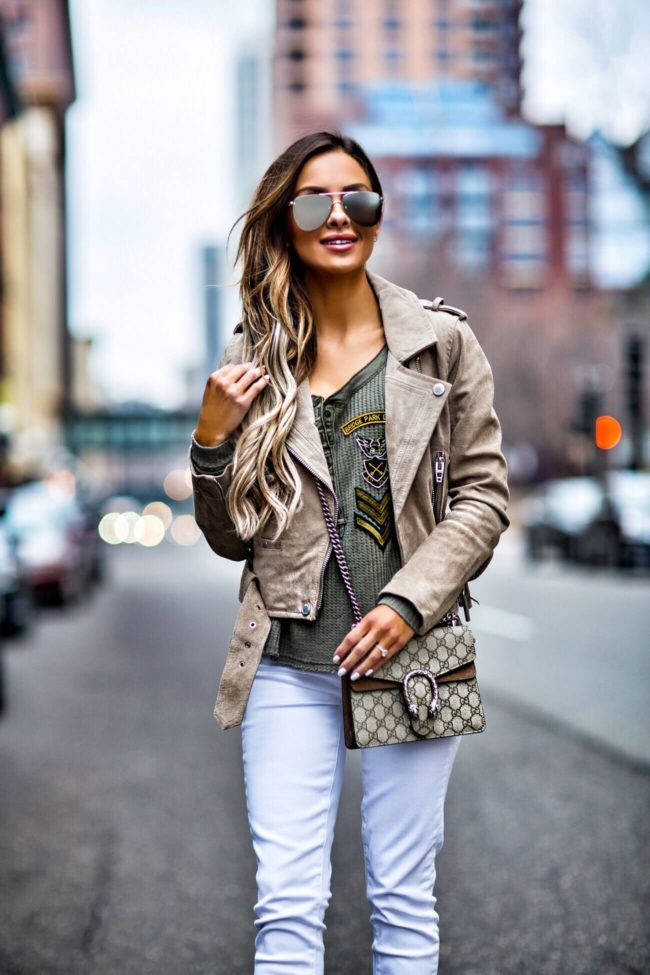 fashion blogger mia mia mine wearing a blanknyc suede jacket and a gucci dionysus bag 