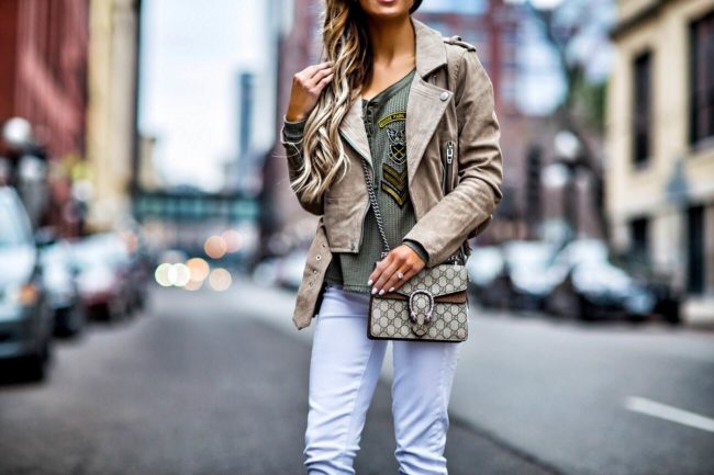 fashion blogger mia mia mine wearing a blanknyc suede jacket and white paige denim 
