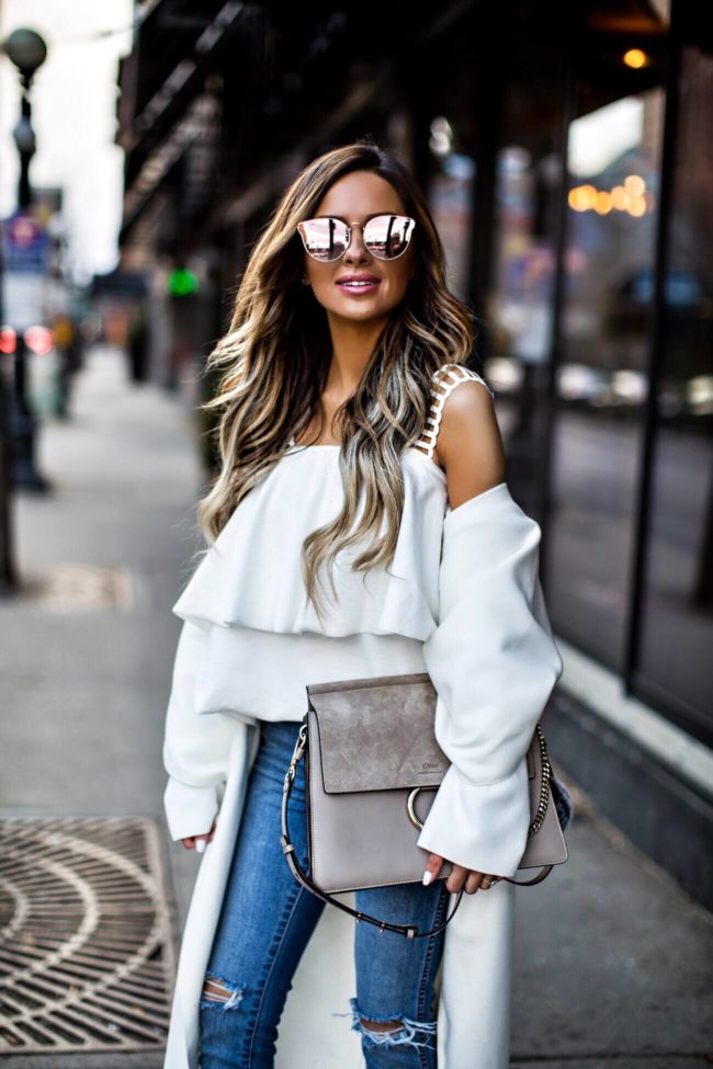 mn fashion blogger mia mia mine wearing a white duster coat from missguided and a shoulder detail top from nordstrom