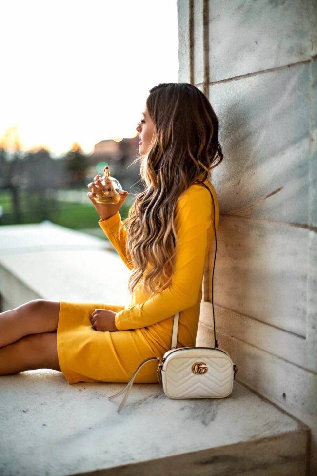 fashion blogger mia mia mine wearing a yellow shopbop dress and a gucci white marmont bag