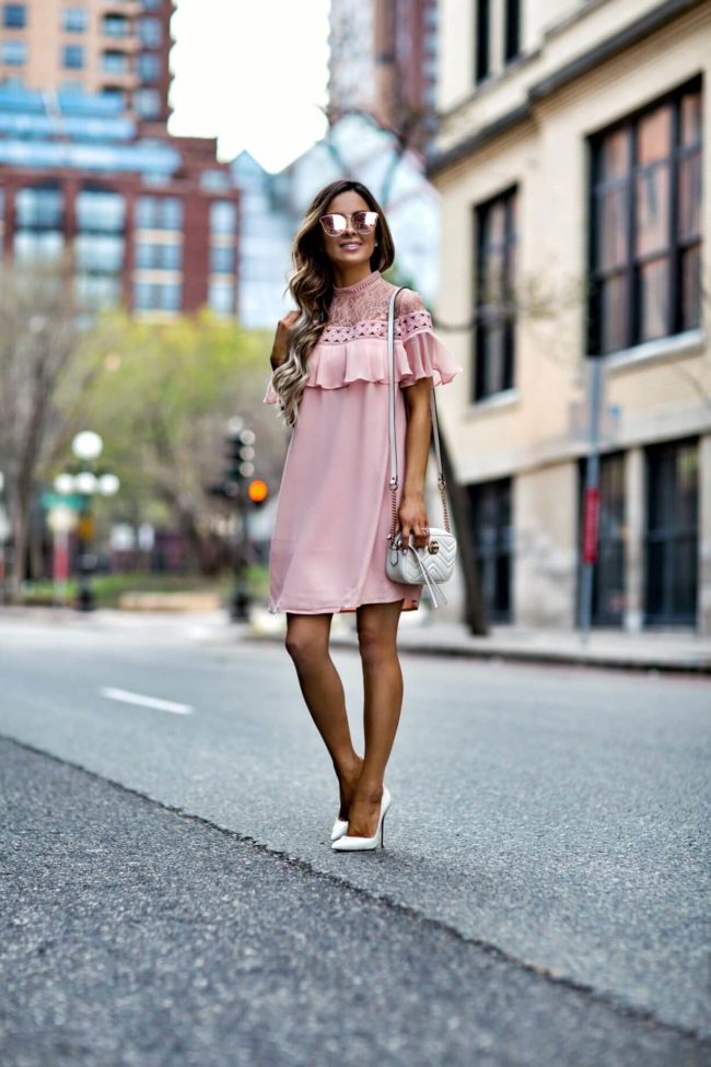 fashion blogger mia mia mine wearing a blush pink dress from express and white heels for spring 2017 