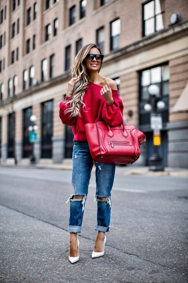 mn fashion blogger mia mia mine wearing a red off-the-shoulder top by free people from nordstrom