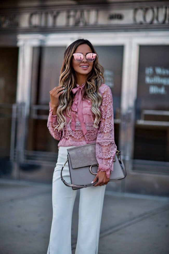 mn fashion blogger mia mia mine wearing a pink lace shopbop top and pink quay sunglasses