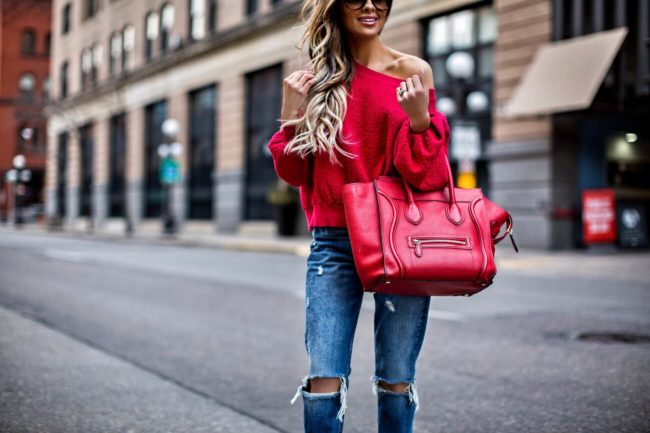 mn fashion blogger mia mia mine wearing a cozy red off-the-shoulder sweatshirt from nordstrom