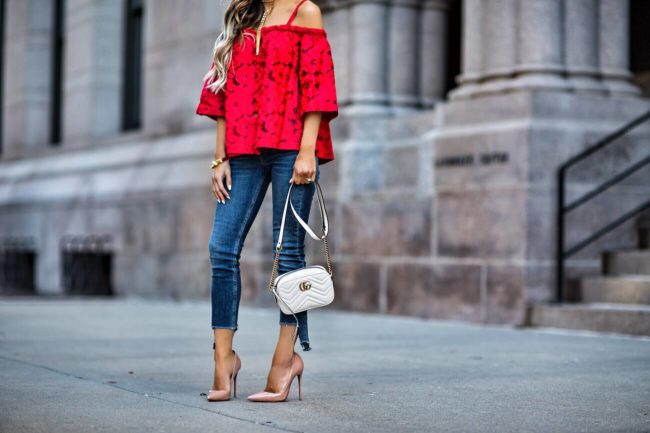 fashion blogger mia mia mine wearing a red lace bb dakota top from shopbop and rag & bone step hem capri jeans