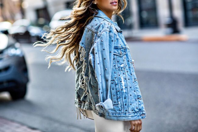 mn fashion blogger mia mia mine wearing a studded topshop denim jacket from nordstrom