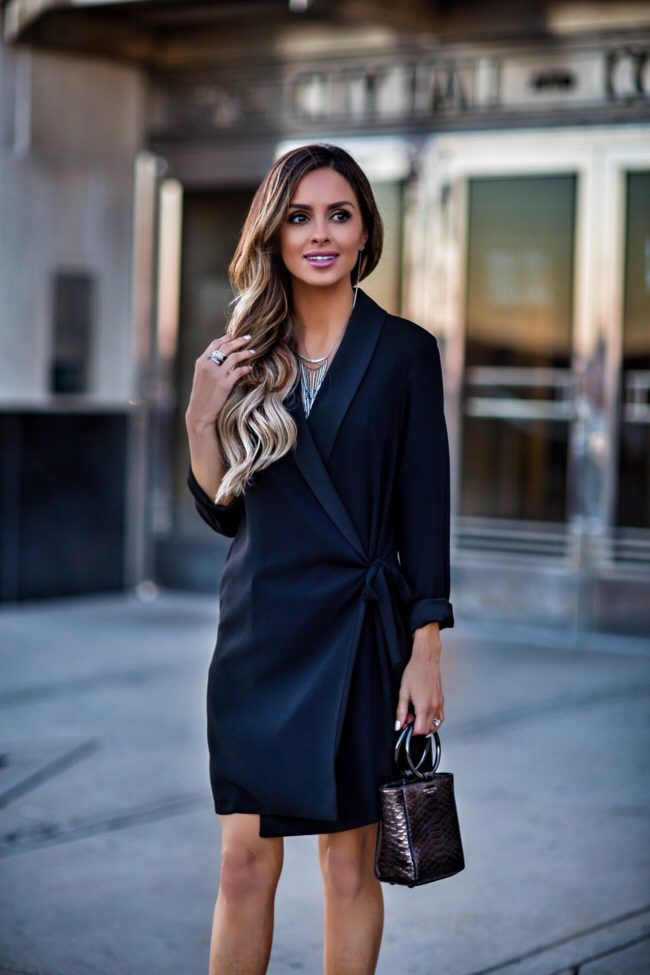 fashion blogger mia mia mine wearing a henri bendel necklace and topshop tuxedo dress