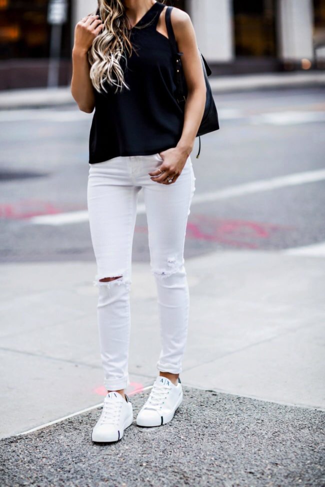 fashion blogger mia mia mine wearing armani exchange white sneakers from amazon