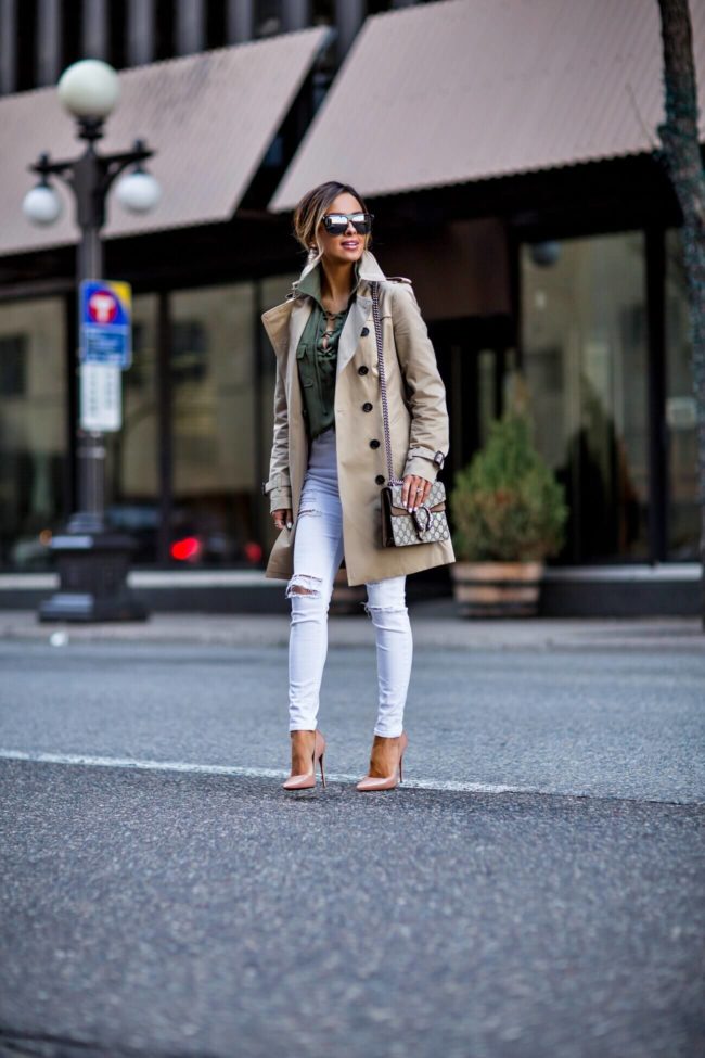 fashion blogger mia mia mine wearing a burberry trench coat and christian louboutin so kate heels