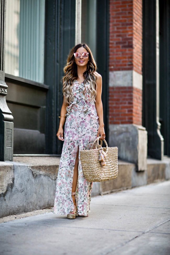 fashion blogger mia mia mine wearing floral dress from topshop and chloe wedges from net-a-porter