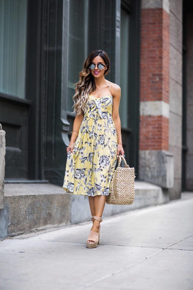 fashion blogger mia mia mine wearing a bb dakota yellow spring dress and chloe wedges