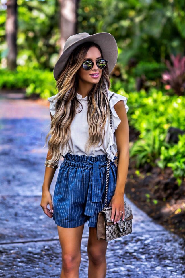 fashion blogger mia mia mine wearing striped shorts from nordstrom and a illesteva sunglasses on the big island in hawaii