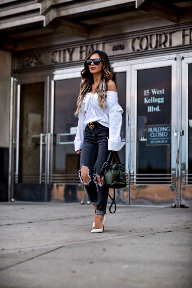 fashion blogger mia mia mine wearing a white button down by stylemafia and a hunting world nyc bag 