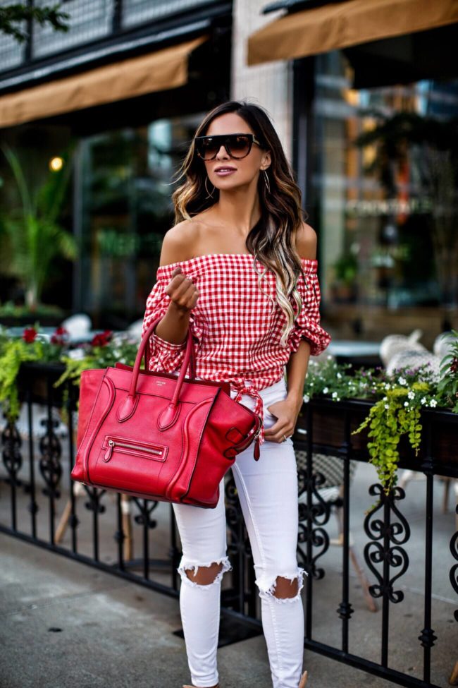 fashion blogger mia mia mine wearing a forever 21 red gingham print top and celine sunglasses