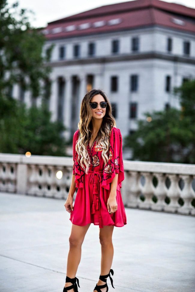 fashion blogger mia mia mine wearing an embroidered free people dress from macy's