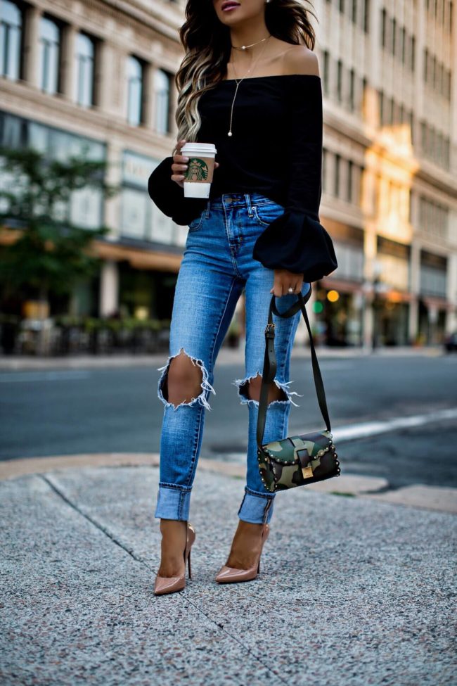 fashion blogger mia mia mine wearing a camo bag and levi's jeans