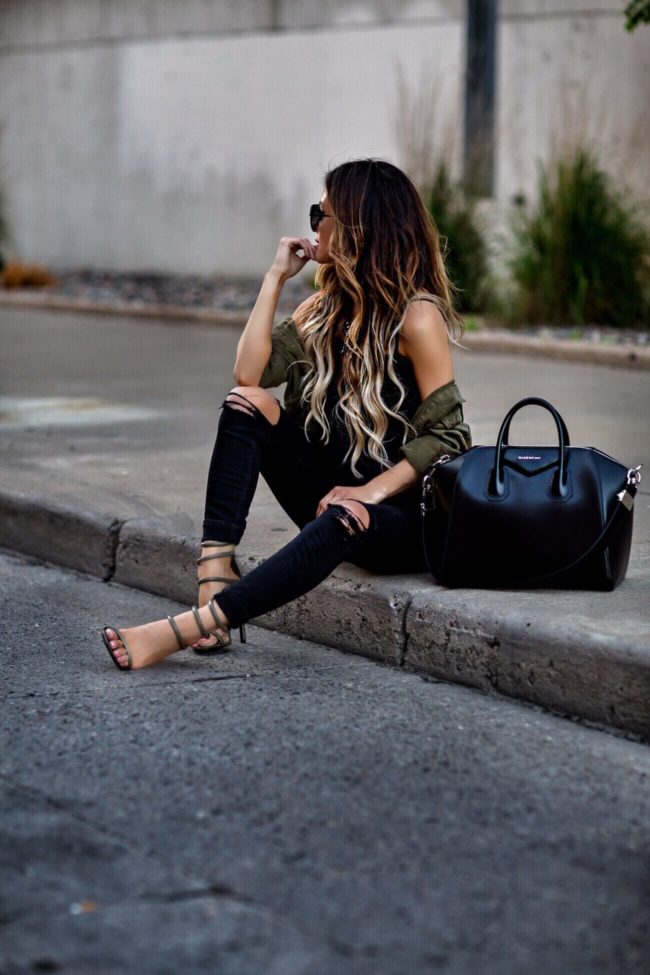 fashion blogger mia mia mine wearing a givenchy antigona bag and pubic desire olive heels