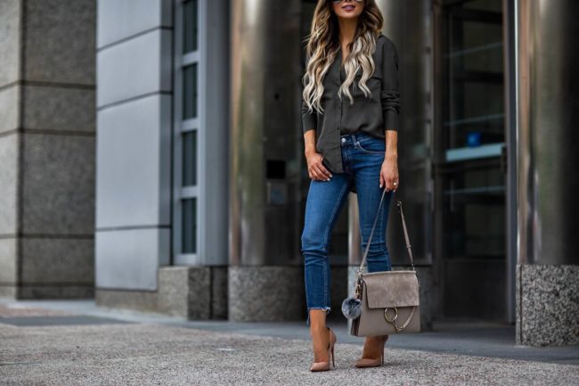 fashion blogger mia mia mine wearing a chloe faye bag and an h&M button down 