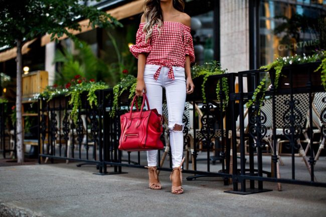 fashion blogger mia mia mine wearing white ripped jeans by free people and schutz heels