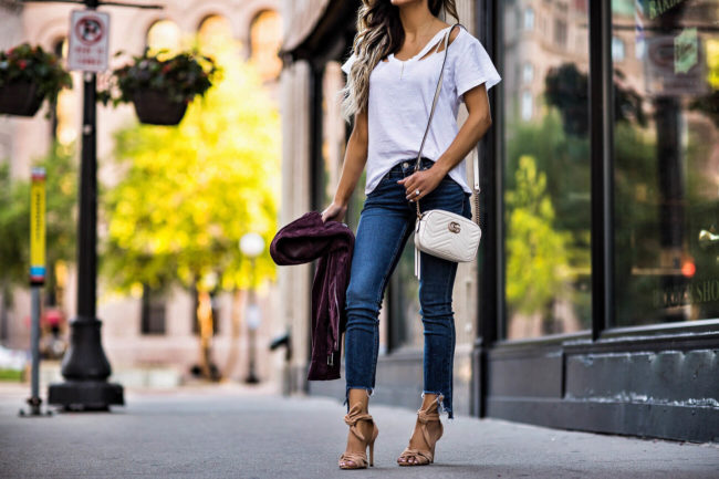 fashion blogger mia mia mine wearing an lna white tee and schutz heels from shopbop