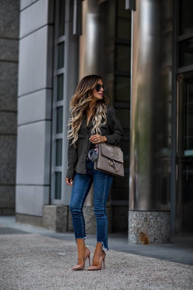 fashion blogger mia mia mine wearing an olive button-down from H&M and rag & bone jeans from shopbop