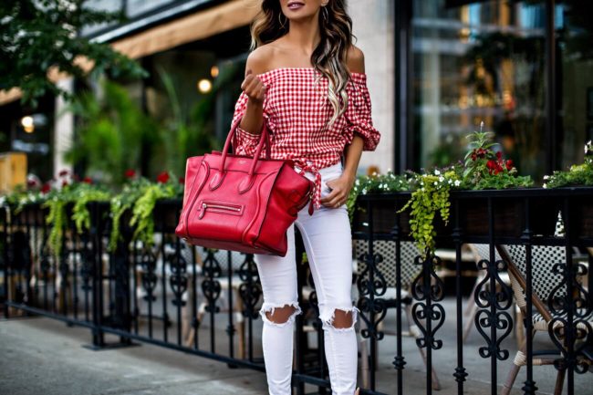 fashion blogger mia mia mine wearing a gingham top from forever 21 and free people white jeans from macy's