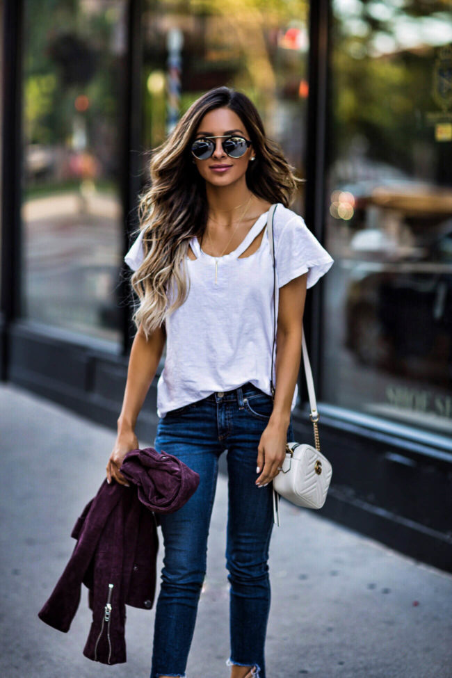 fashion blogger mia mia mine wearing a white lna tee and illesteva sunglasses from net-a-porter