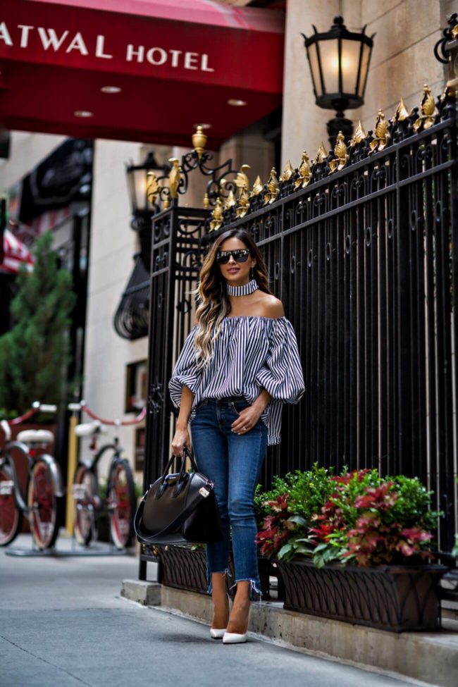 fashion blogger mia mia mine wearing a striped top from forever 21 and rag & bone jeans