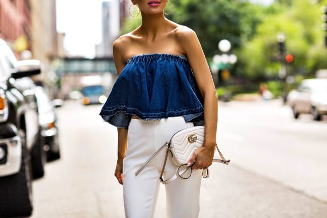 fashion blogger mia mia mine wearing a denim strapless top by j.o.a. from nordstrom