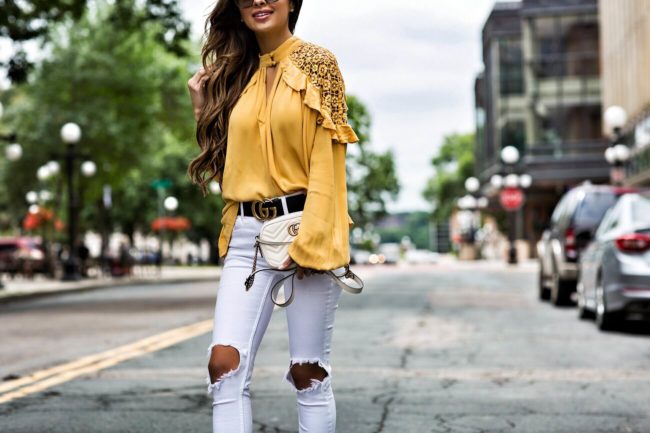 fashion blogger mia mia mine wearing a gucci double g buckle belt and white denim from macy's