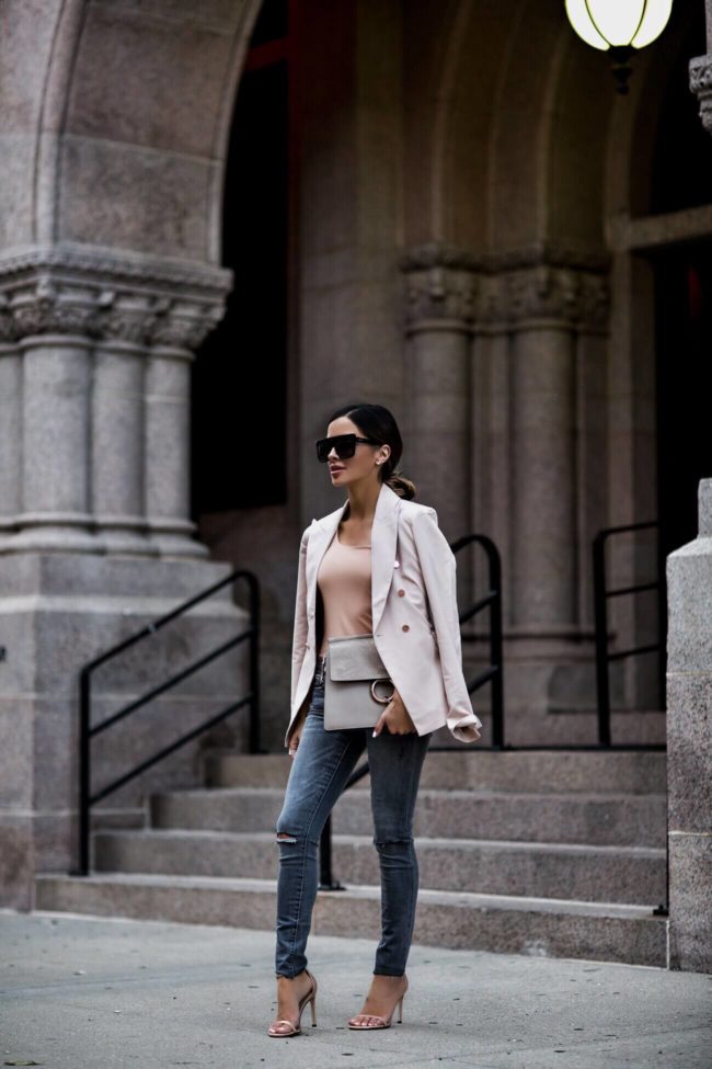fashion blogger mia mia mine wearing stuart weitzman nudist heels and a blush blazer from revolve