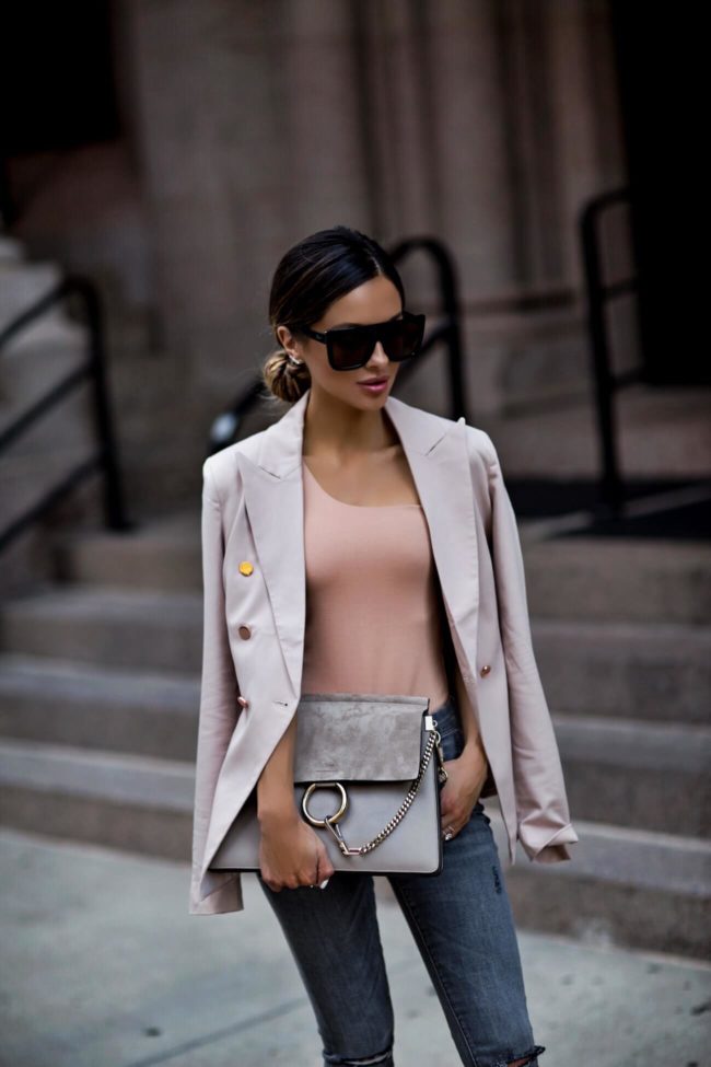 fashion blogger mia mia mine wearing a blush bodysuit from revolve and a blush blazer by bardot