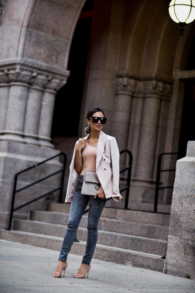fashion blogger mia mia mine wearing a chloe faye bag from nordstrom and a blush blazer from revolve