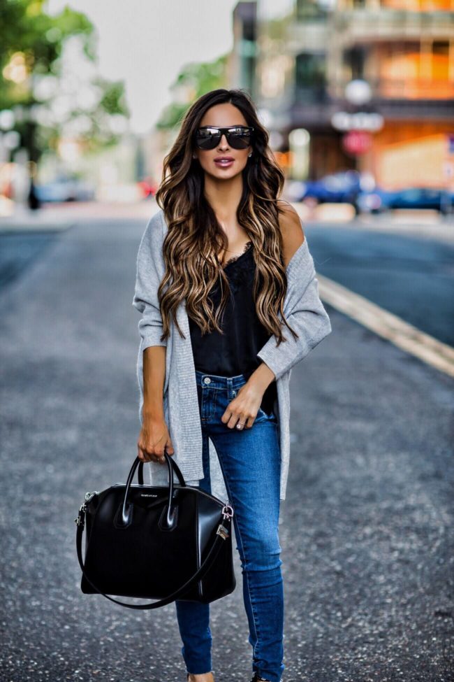 fashion blogger mia mia mine wearing a gray sweater and saint laurent sunglasses from the nordstrom anniversary sale 2017