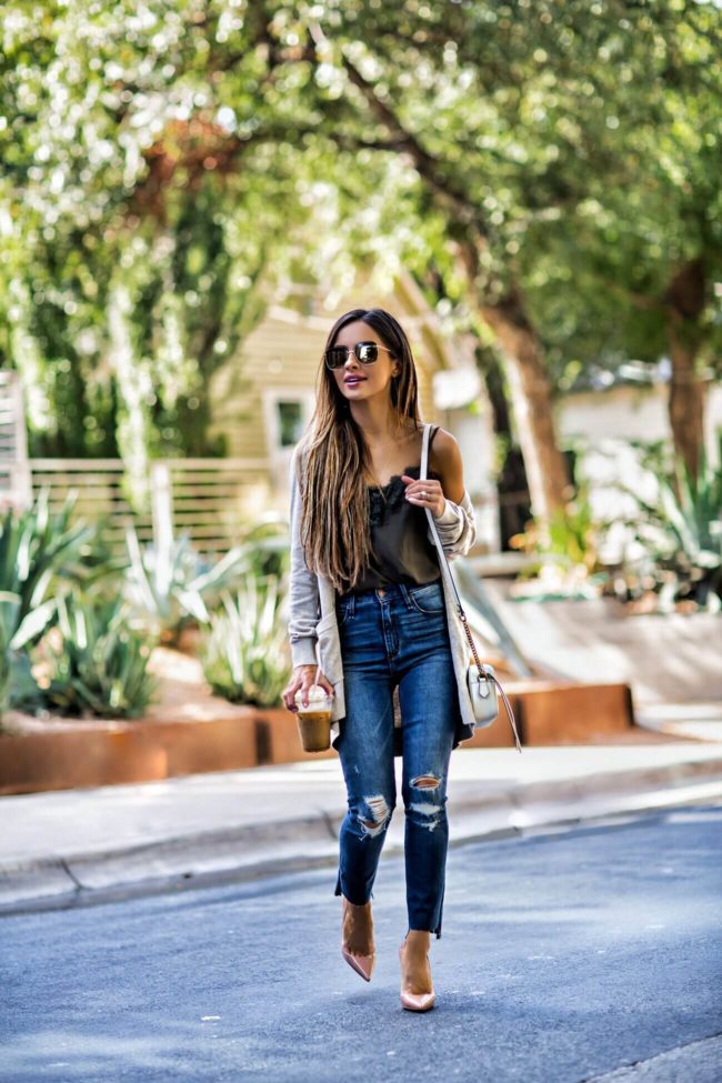 fashion blogger mia mia mine wearing abercrombie jeans and a cardigan sweater