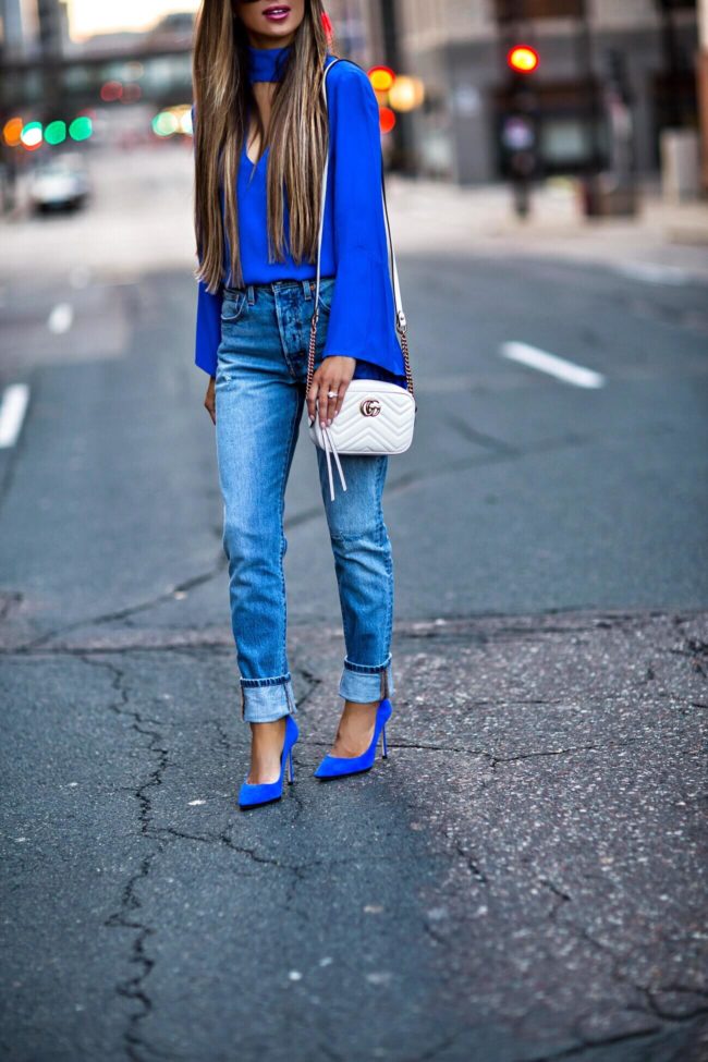 fashion blogger mia mia mine wearing jimmy choo suede heels and a gucci marmont mini bag