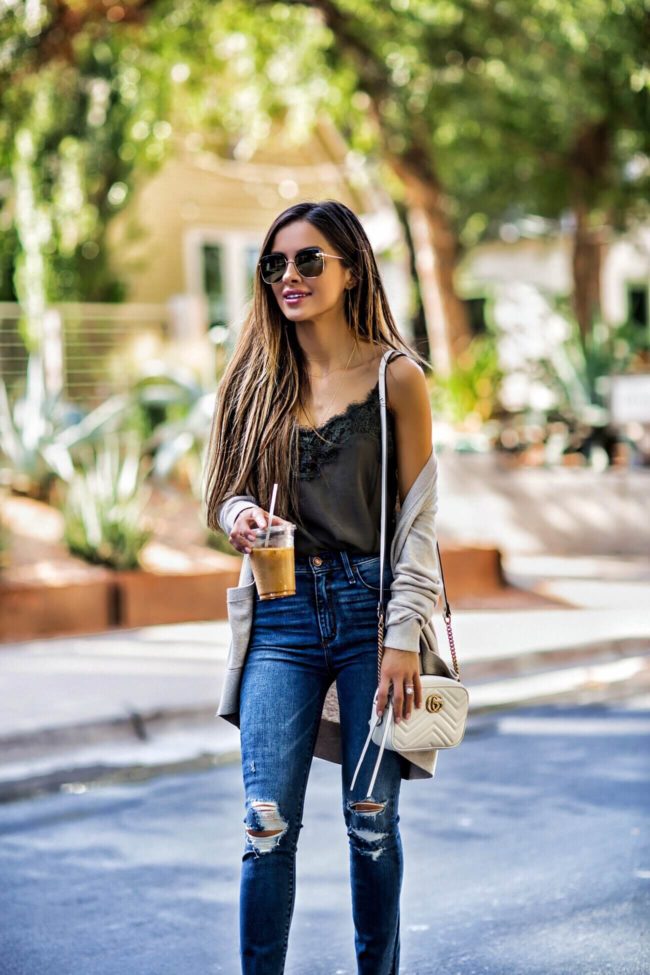 fashion blogger mia mia mine wearing an olive lace cami from abercrombie