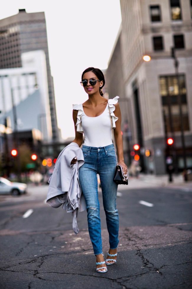 Club Monaco clothing, cape jacket, denim, ruffle tank