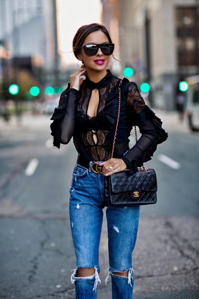 black lace bodysuit, jeans, chanel bag
